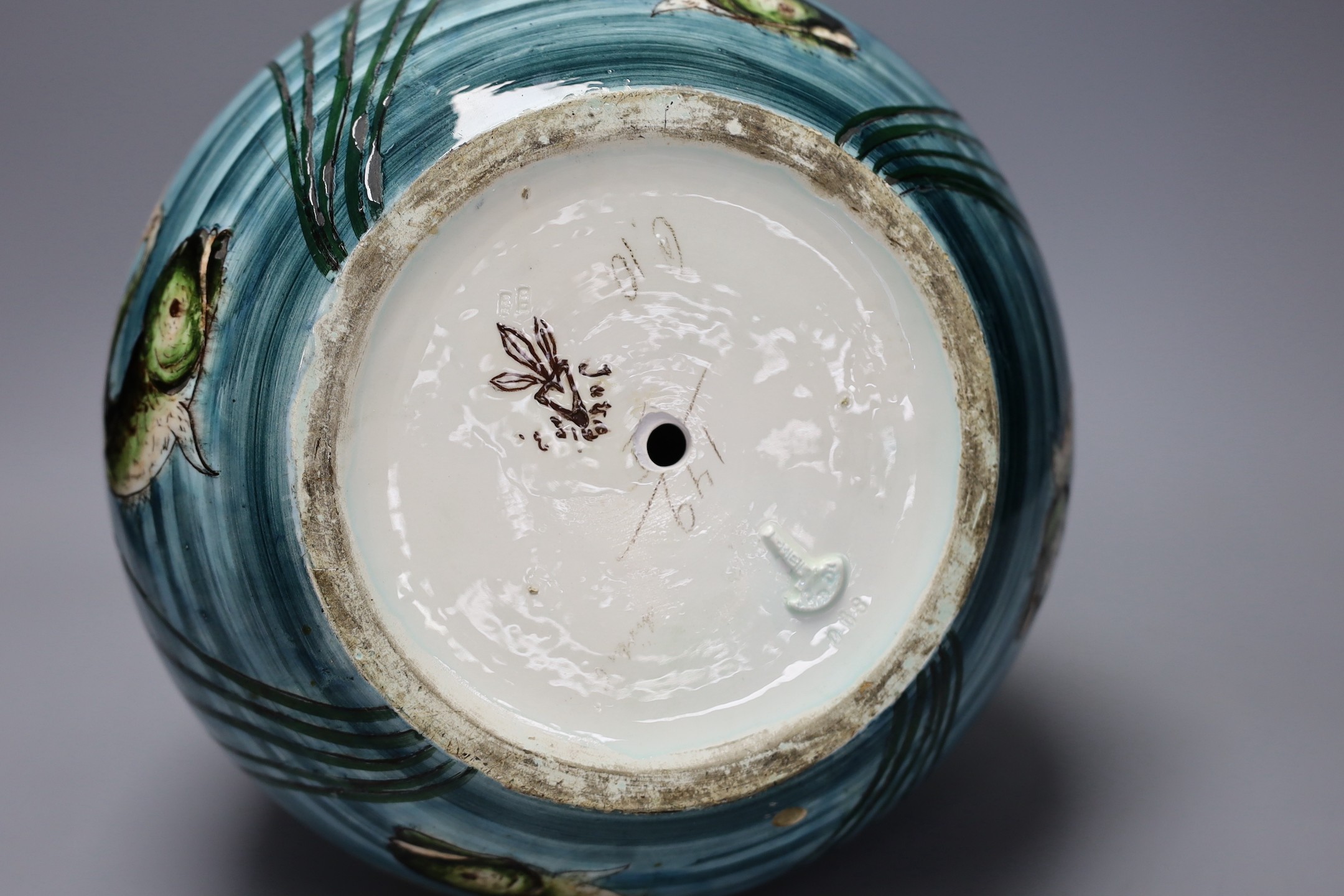 A Julius Dressler two handle ‘lily pond’ pottery vase, 36cm high